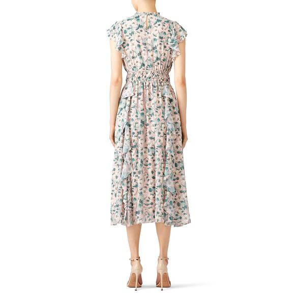 SHOSHANNA Pink Floral Hourglass Flutter Sleeves Ruffled Triana Midi Dress Size 2 - Picture 3 of 13